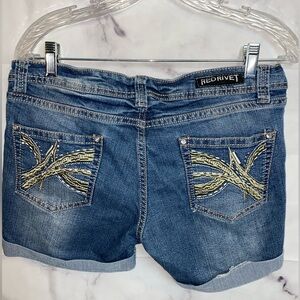 Red Rivet Denim Distressed Jean Shorts Size 11 Gems & Embroidery